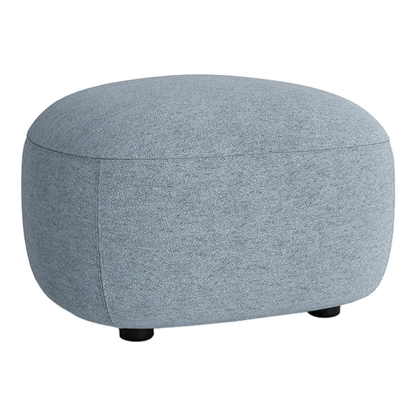 Soft blue upholstered ottoman with a smooth, rounded shape and subtle texture, resting on black legs.