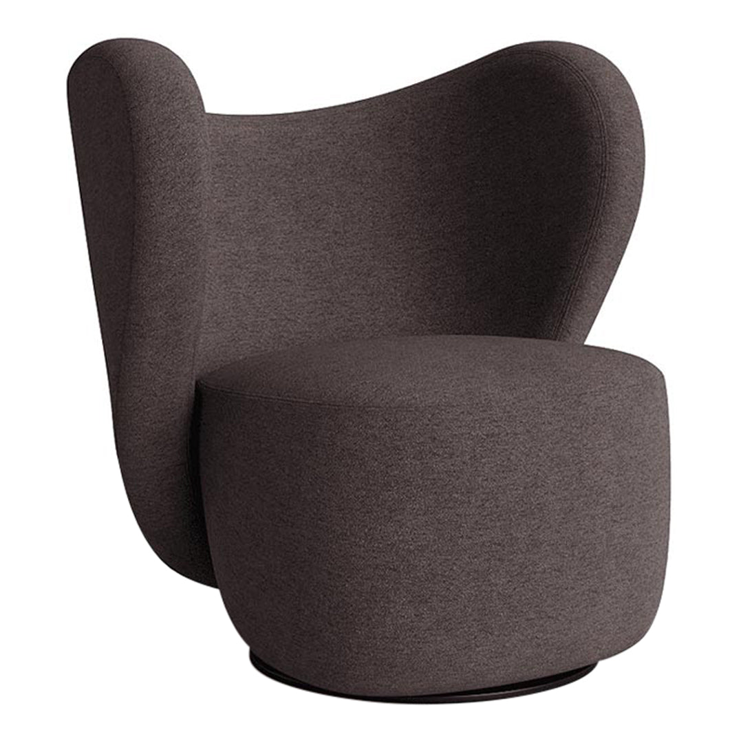 Modern dark brown accent chair with a smooth, sculptural design and soft fabric texture. Ideal for contemporary decor.