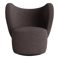 Brown upholstered accent chair with a smooth, rounded design and soft fabric texture. Ideal for modern decor.