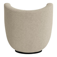 Soft beige curved chair with a textured upholstery and a minimalist black base. Ideal for modern interiors.