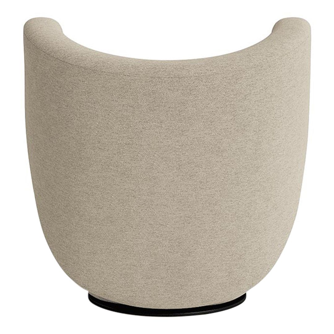 Soft beige curved chair with a textured upholstery and a minimalist black base. Ideal for modern interiors.
