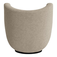 Beige upholstered chair with a curved design, featuring a textured fabric and a black base. Modern and minimalist style.