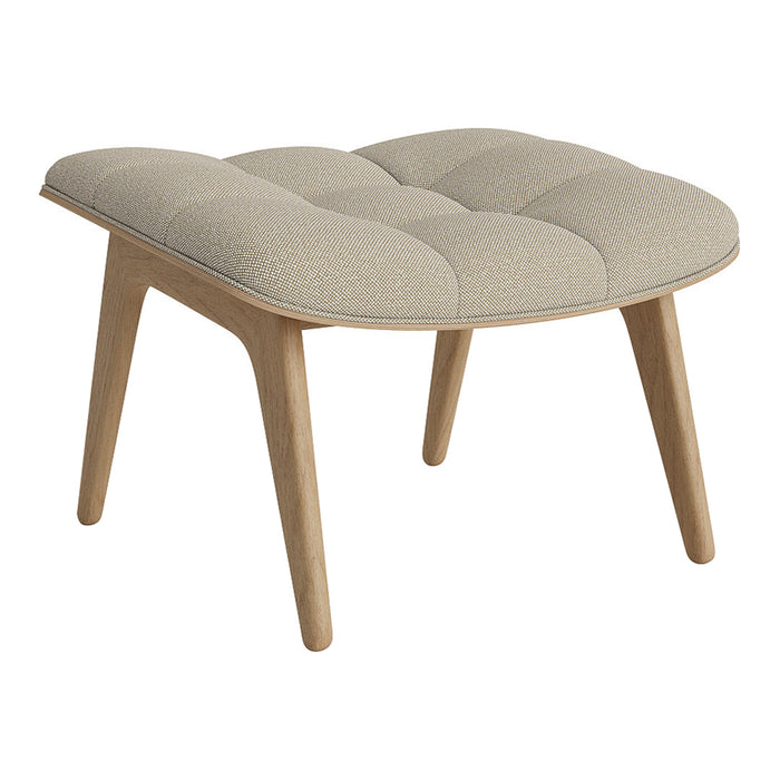 Beige tufted ottoman with light wood legs, featuring a smooth, soft fabric pattern for a modern aesthetic.