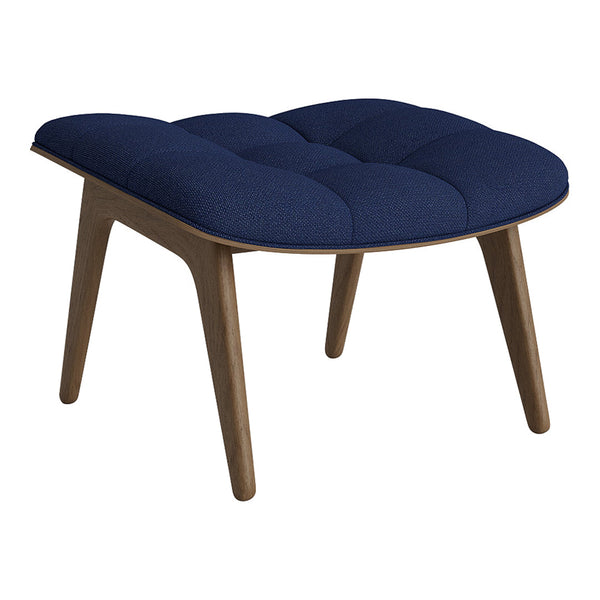 Navy blue tufted ottoman with a smooth wooden base, perfect for modern decor. Soft fabric adds a touch of elegance.
