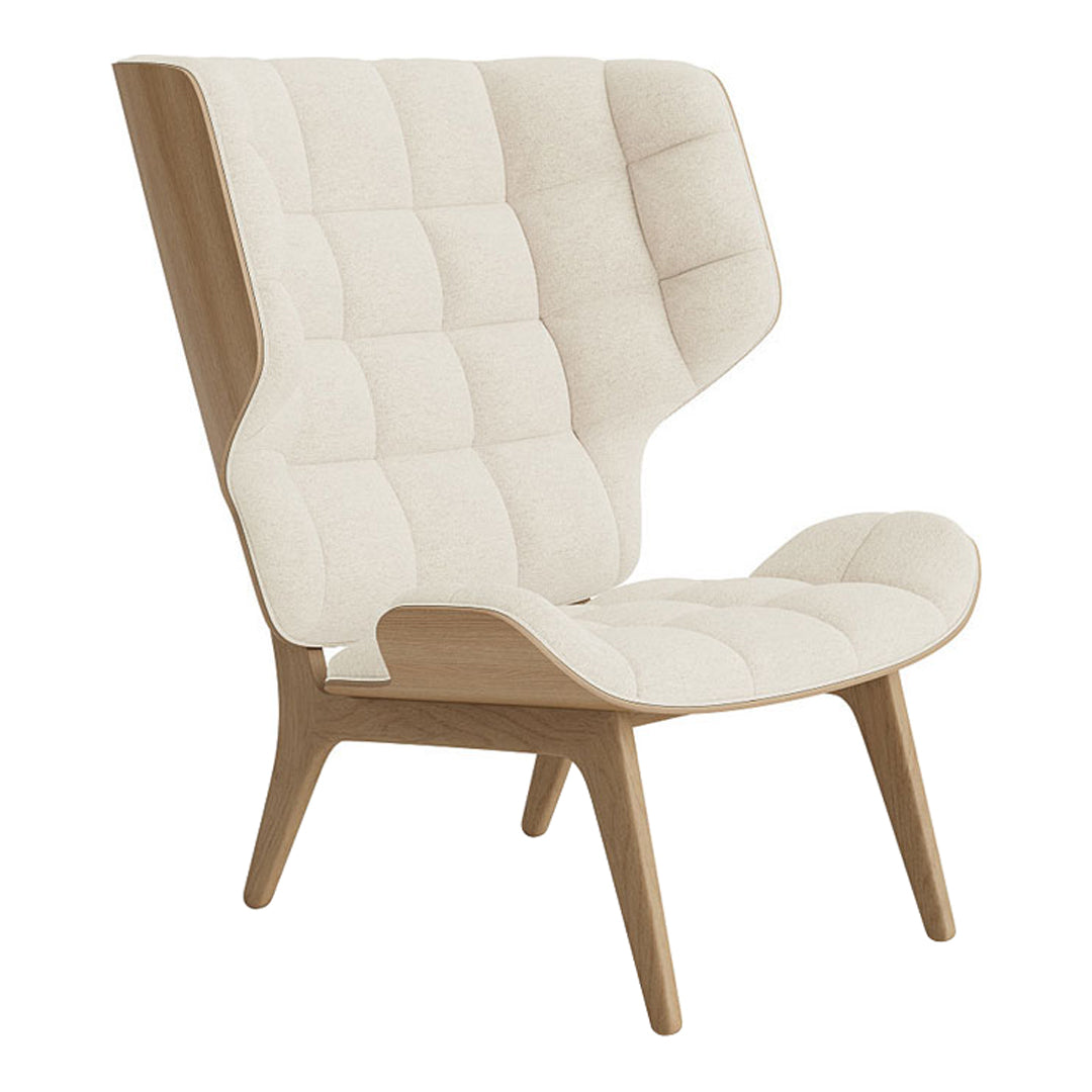 Cream-colored chair with a quilted texture and light wooden legs. Modern, minimalist design.