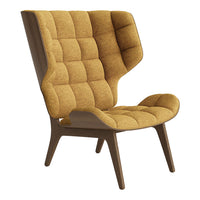 Mustard yellow tufted high-back chair with a wood frame, featuring a modern design and a smooth finish.