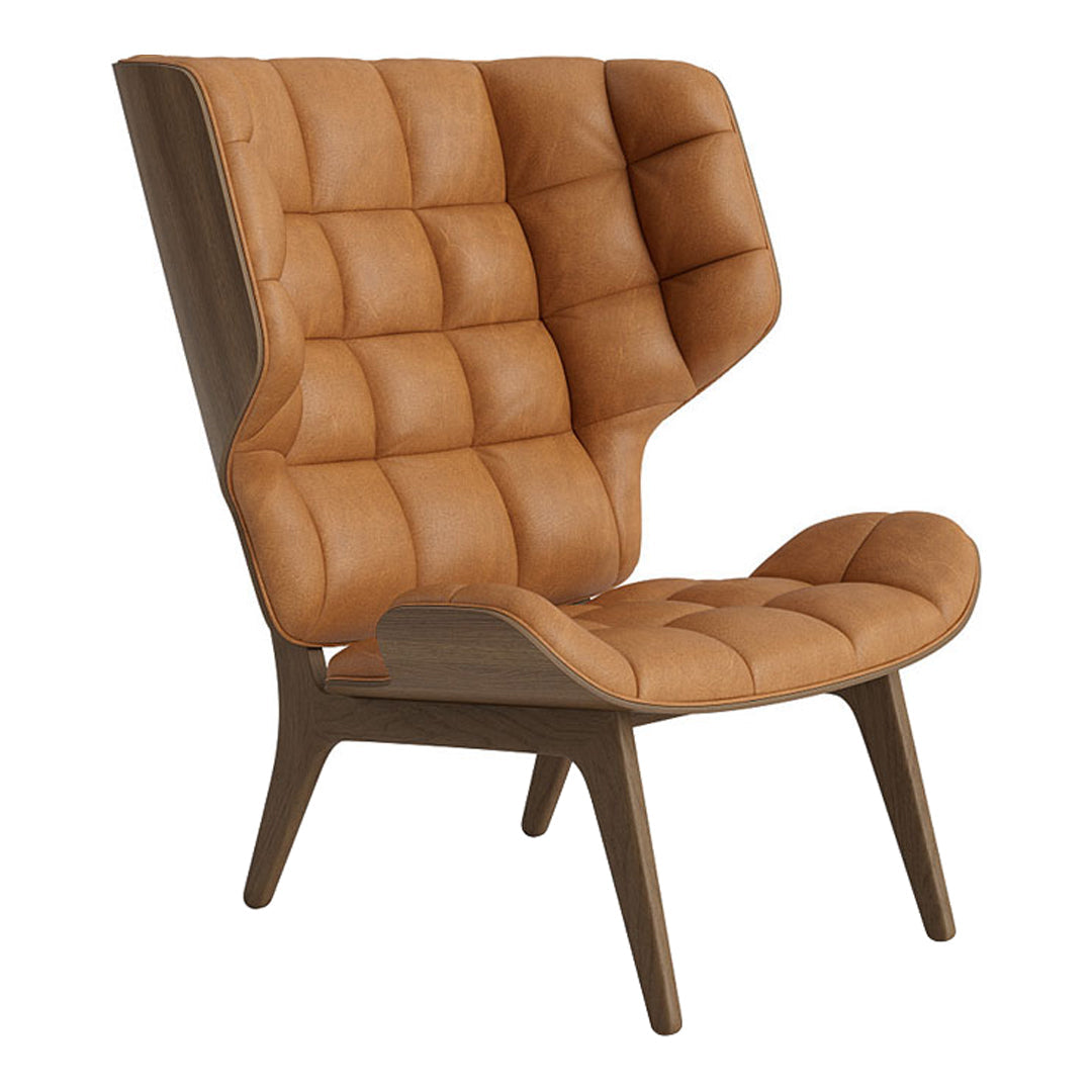 Tan tufted leather armchair with a minimalist wooden frame and unique high-back design. Modern and stylish accent piece.