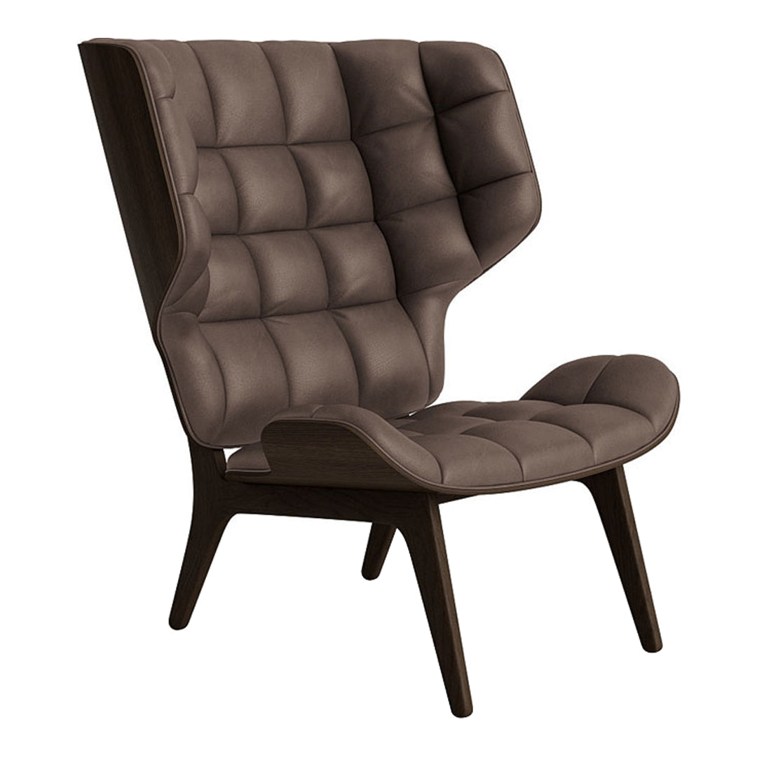 Brown tufted lounge chair with a modern design and unique winged back, perfect for stylish interiors.