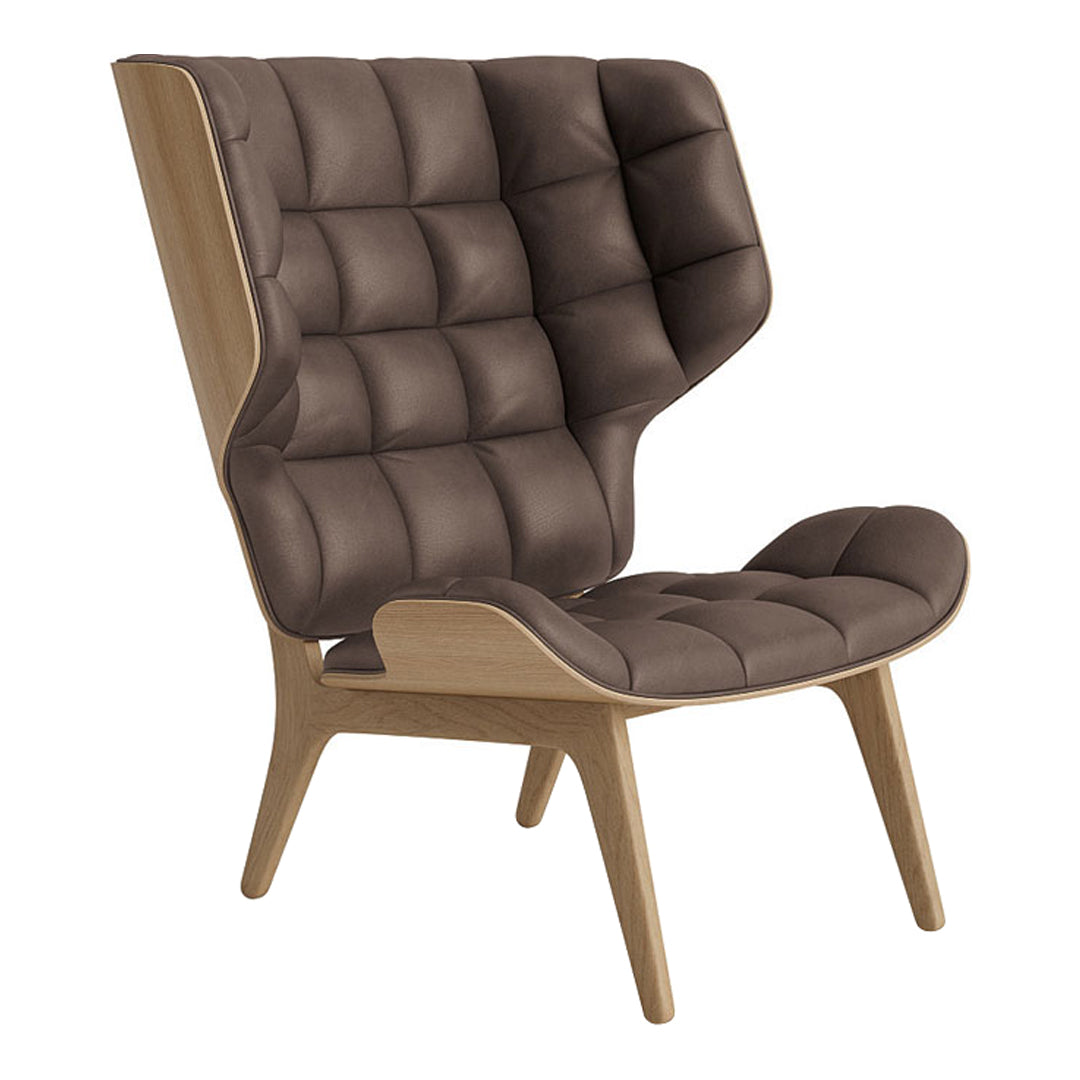 Brown tufted lounge chair with a sleek wooden frame, featuring a modern, minimalist design.
