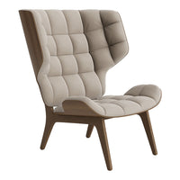 Beige quilted fabric armchair with a unique high-back design and wooden legs, perfect for modern decor.