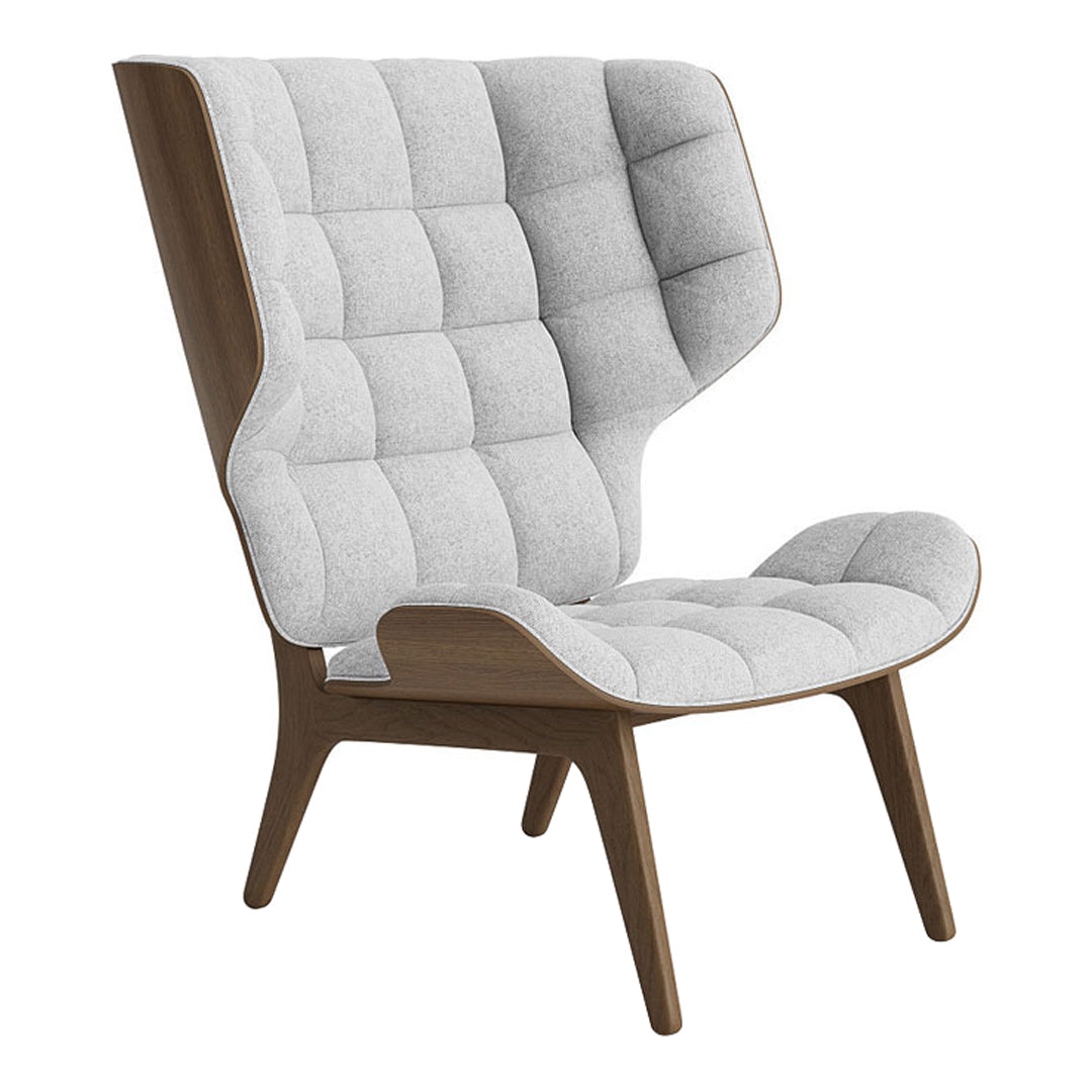 Light gray fabric with a quilted pattern, complemented by a sleek wooden frame in a rich brown finish.