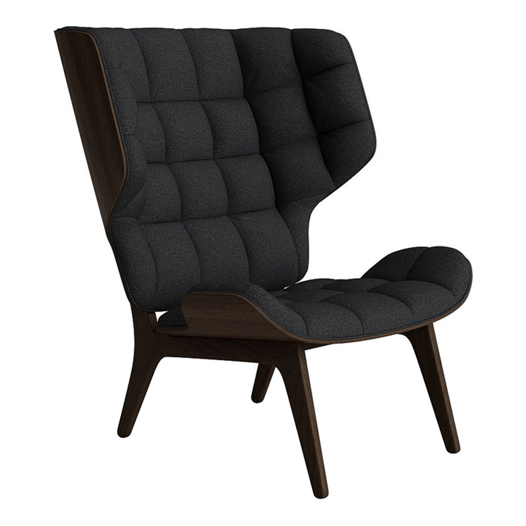 Black tufted chair with a modern design and dark wood frame, perfect for contemporary interiors.
