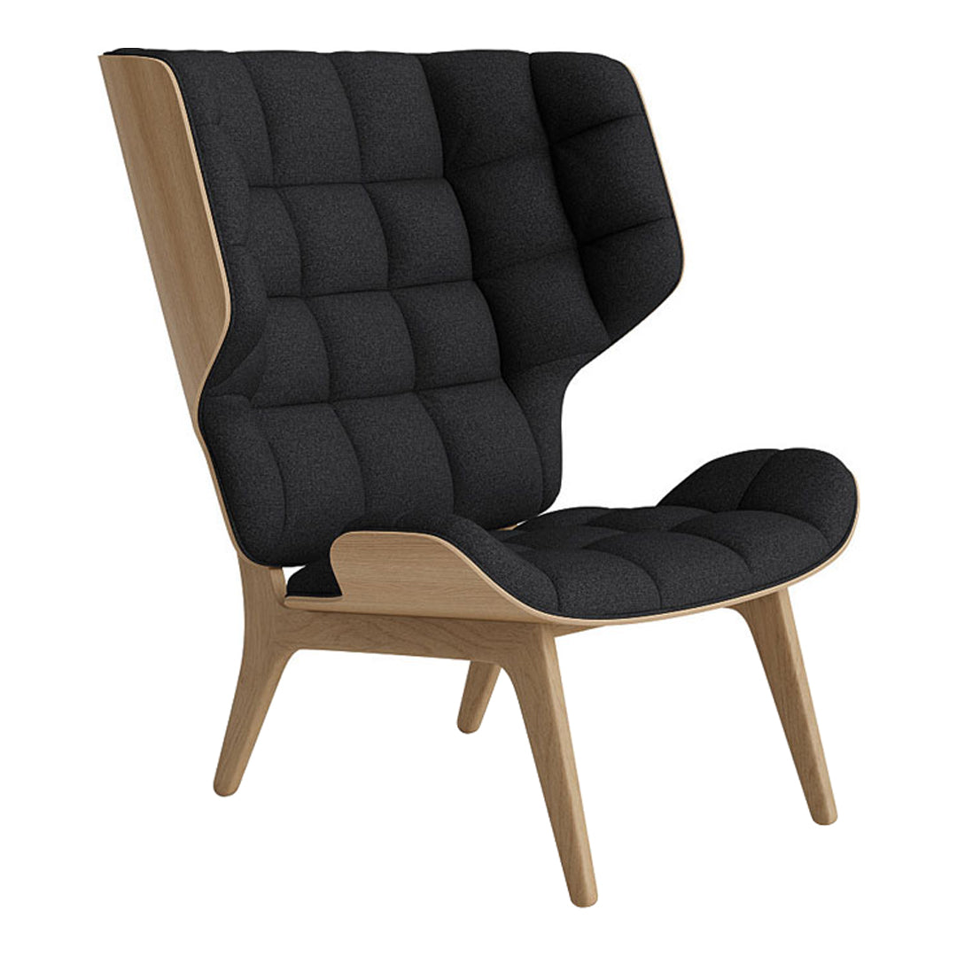 Stylish high-back chair in sleek black upholstery with quilted pattern and natural wood legs. Perfect for modern decor.