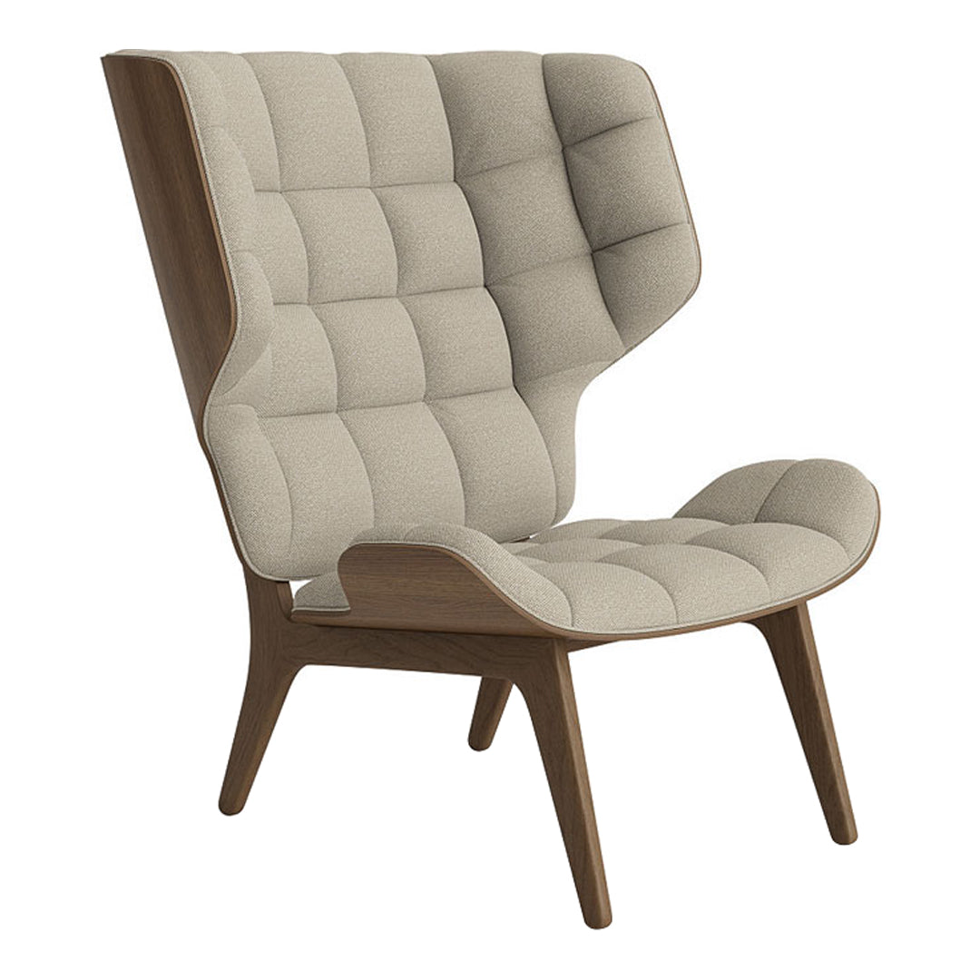 Beige tufted fabric armchair with a sleek wooden frame, featuring a modern and elegant design.
