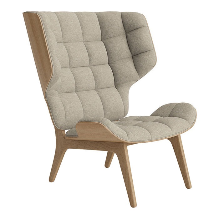 Beige tufted fabric armchair with a unique high-back design and wooden legs. Modern and stylish for any interior.