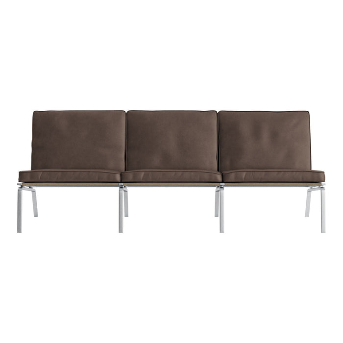 Brown upholstered sofa with smooth texture and sleek silver legs, ideal for modern decor.