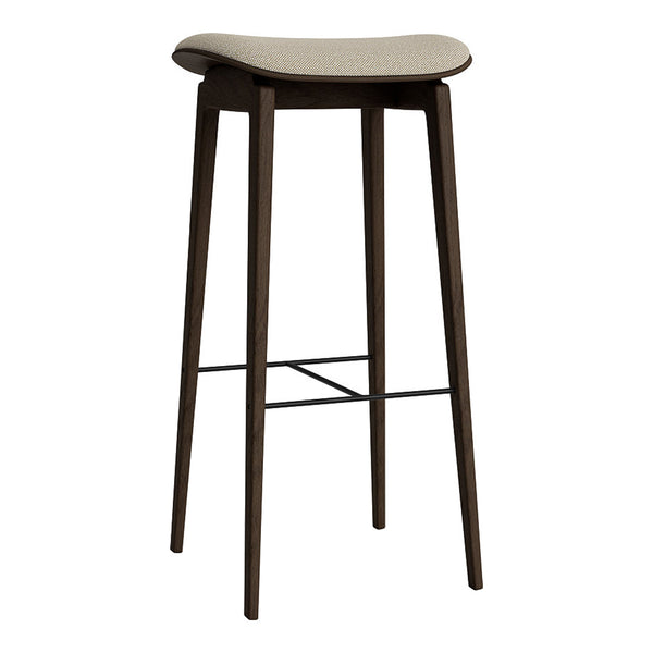Stylish bar stool featuring a brown wooden frame and a light beige upholstered seat. Perfect for contemporary decor.