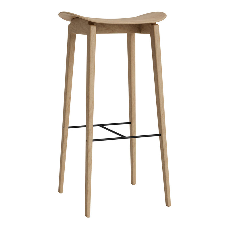 Natural wood bar stool with a light oak finish and sleek minimalist design. features a curved seat and black metal accents.