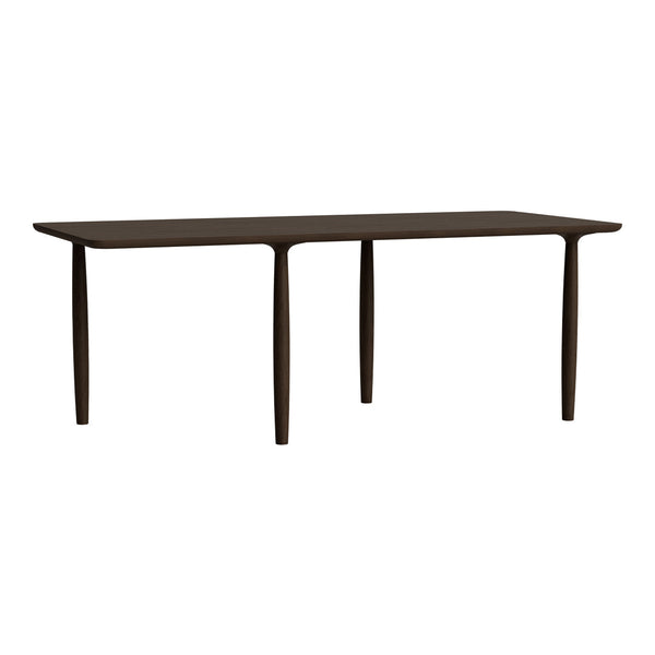 Dark brown rectangular dining table with smooth surface and minimalist design, perfect for modern interiors.