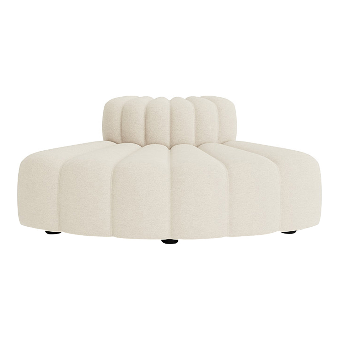 Cream-colored round sofa with a quilted, ribbed design and smooth surface. Ideal for modern decor.