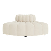 Cream-colored round sofa with a quilted, ribbed design and smooth surface. Ideal for modern decor.