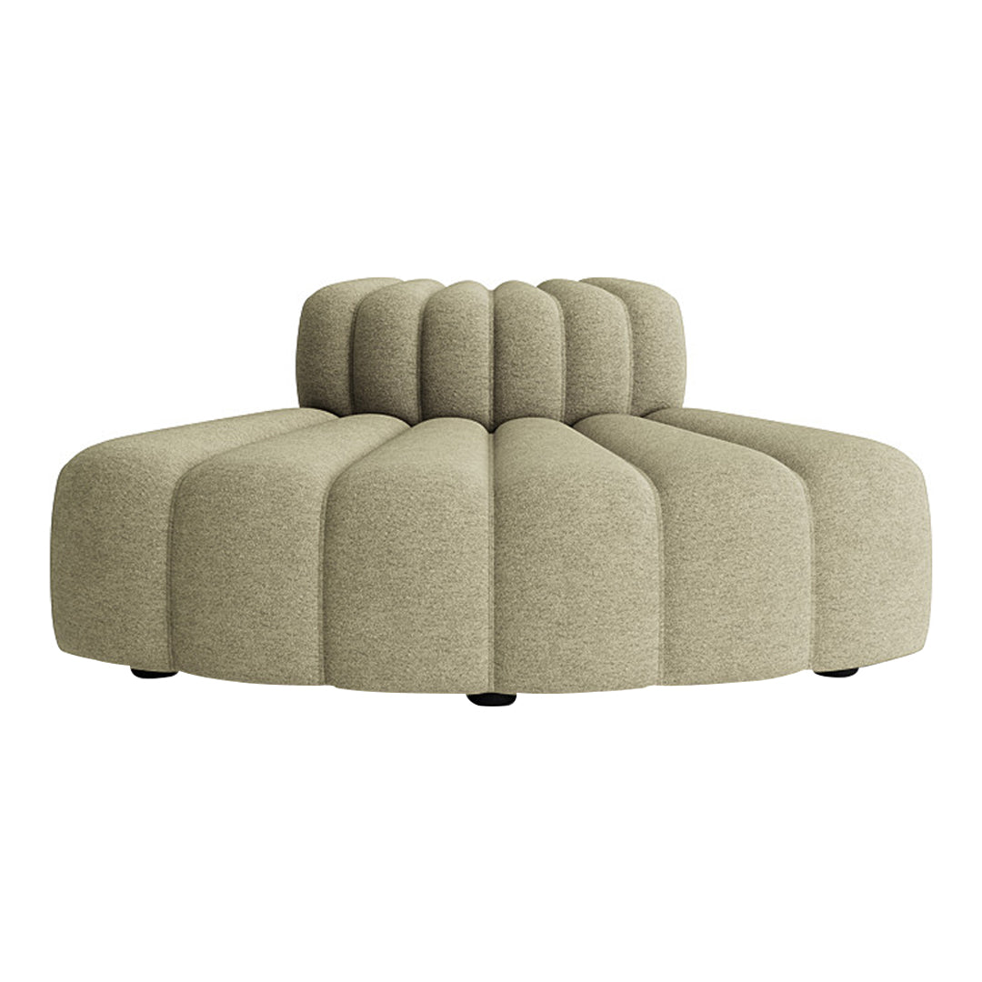 Round, earthy green sofa with plush tufted design and soft, curved edges, perfect for modern living spaces.