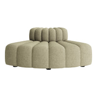 Round, earthy green sofa with plush tufted design and soft, curved edges, perfect for modern living spaces.