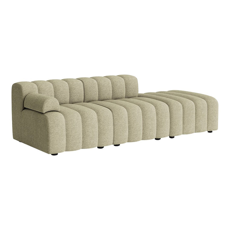 Beige curved sofa with tufted design and striped pattern, perfect for modern living spaces.