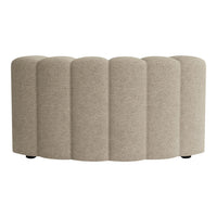 Beige upholstered bench with curved segments, featuring a soft, textured fabric and minimalist design.