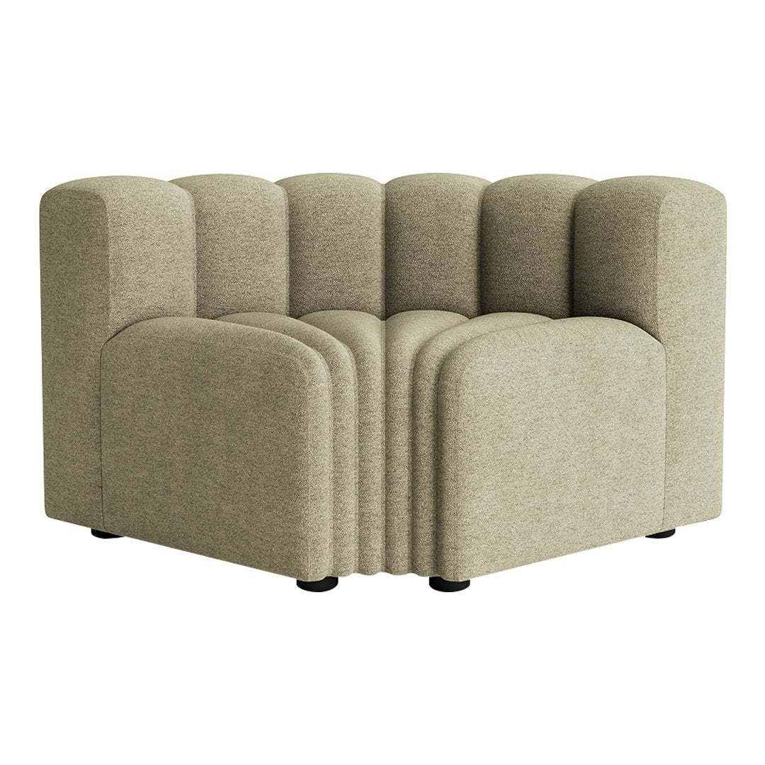 Beige corner sofa with a unique curved design and textured fabric, perfect for modern living spaces.