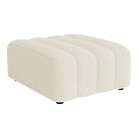 Cream-colored, ribbed upholstered ottoman with a modern, minimalist design. Soft texture and rounded edges.