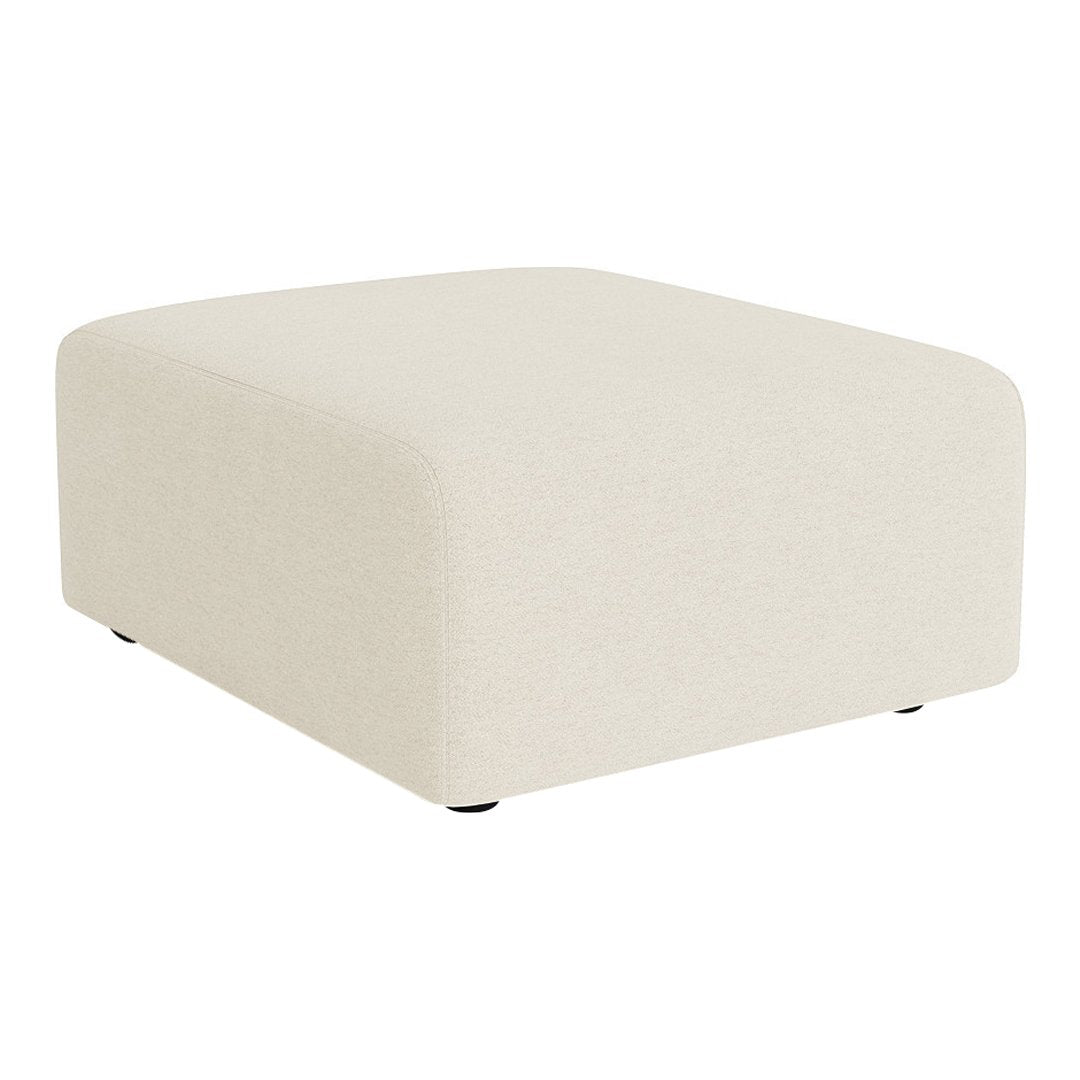 Cream-colored, minimalist square ottoman with soft texture and smooth edges, perfect for modern decor.