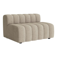 Beige curved sofa with horizontal tufted pattern and smooth texture, perfect for modern living spaces.