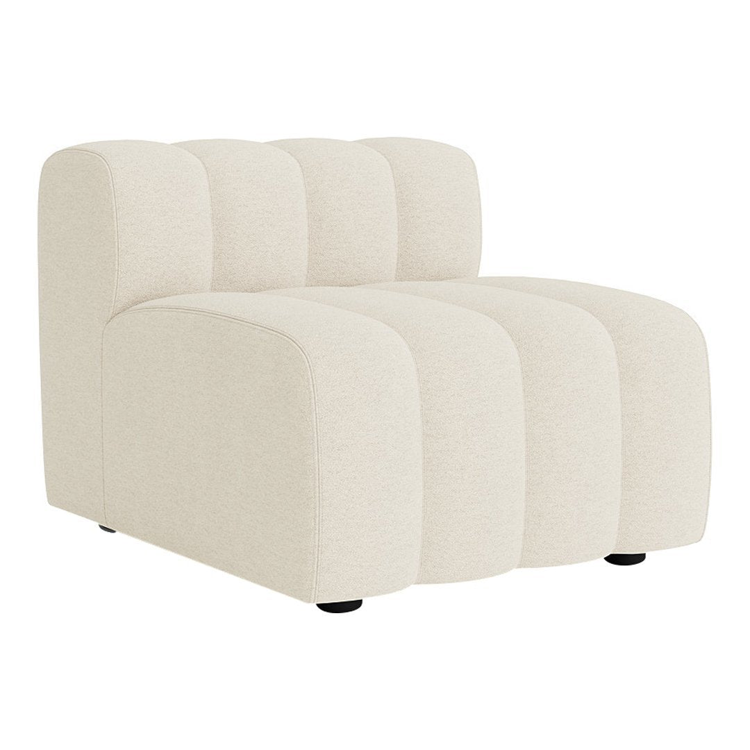 Beige upholstered chair with a ribbed texture and rounded edges, featuring a minimalist design.