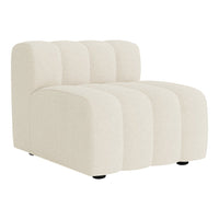 Beige upholstered chair with a ribbed texture and rounded edges, featuring a minimalist design.