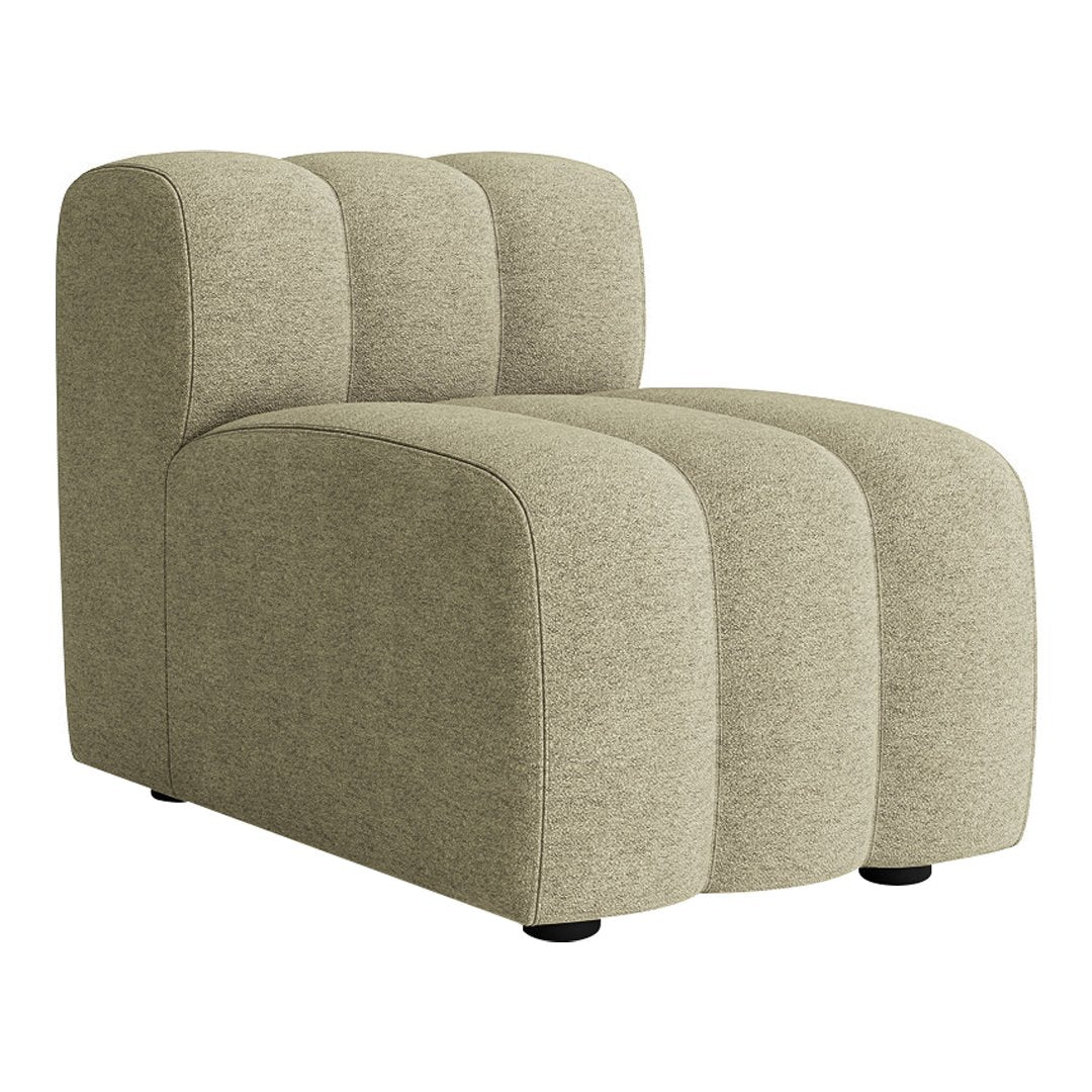 Sleek, modern armchair in muted olive green with a textured fabric and subtle curved patterns.