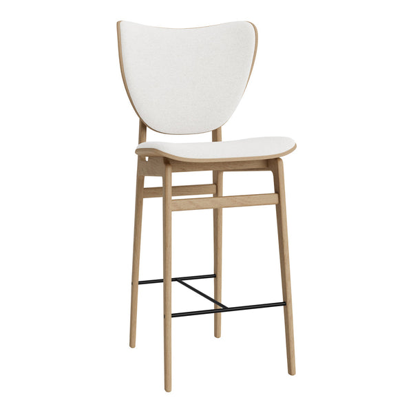Modern white wooden bar stool with a sleek design and natural wood finish, featuring minimalistic lines and soft curves.