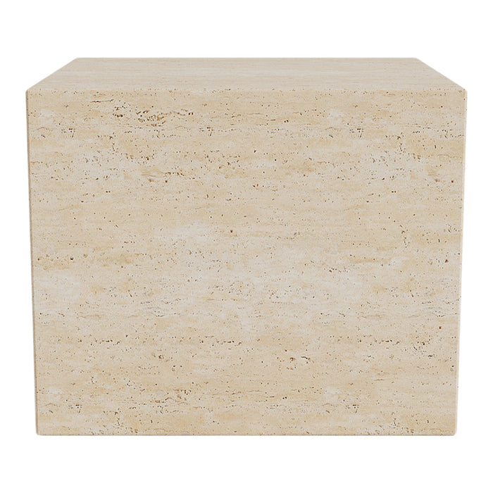 Beige stone cube with a textured surface, showcasing natural patterns and a smooth finish. Ideal for modern decor.