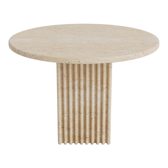 Neutral beige round table with vertical ribbed pedestal design and smooth top surface. Ideal for modern decor.