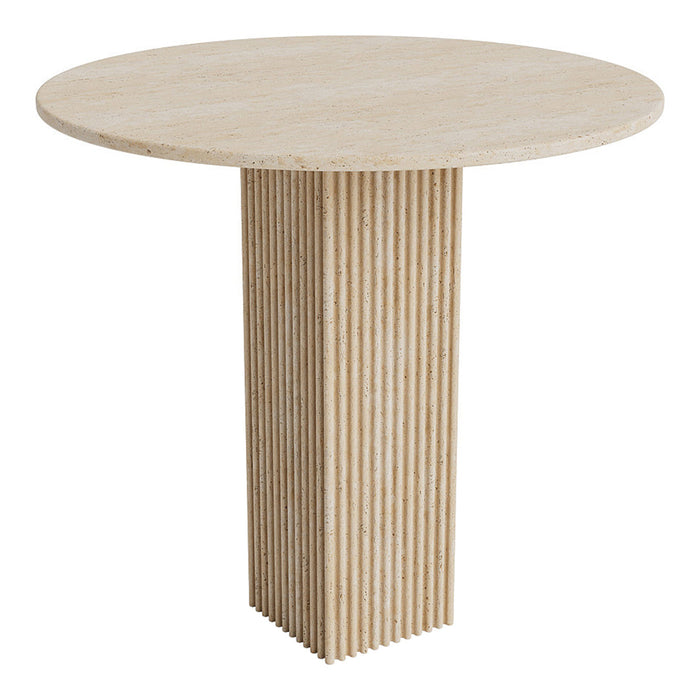 Round beige table with a ribbed wood pedestal base, featuring a smooth tabletop and vertical grooves.