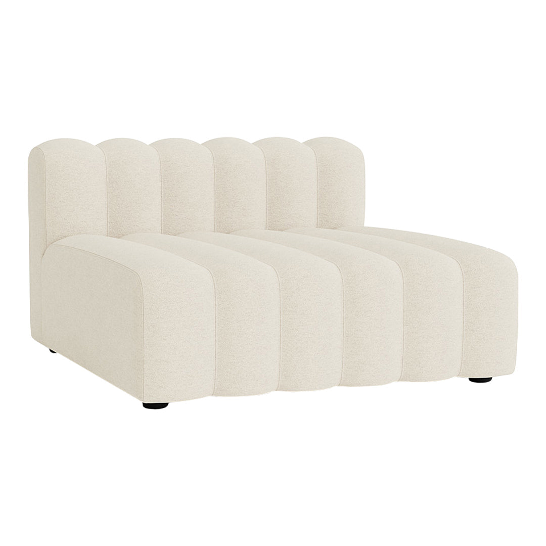 Cream-colored upholstery with a plush, ribbed design, featuring soft, rounded lines for a modern look.