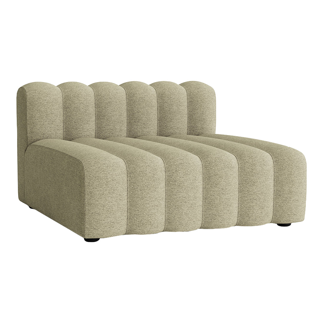 "Textured beige sofa with curved, ribbed design, perfect for modern interiors."