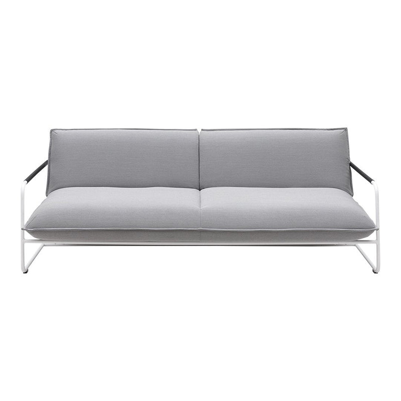 Stylish two-seater sofa in light grey fabric with sleek white metal frame and minimalist design. Perfect for modern decor.