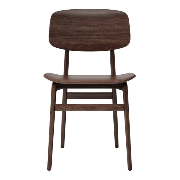 Brown wooden chair with a sleek, minimalist design and smooth, natural finish. Perfect for modern decor.