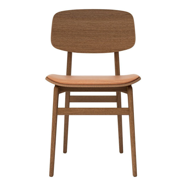 Brown wooden chair with a smooth tan seat, featuring a simple, modern design. Perfect for minimalist decor.
