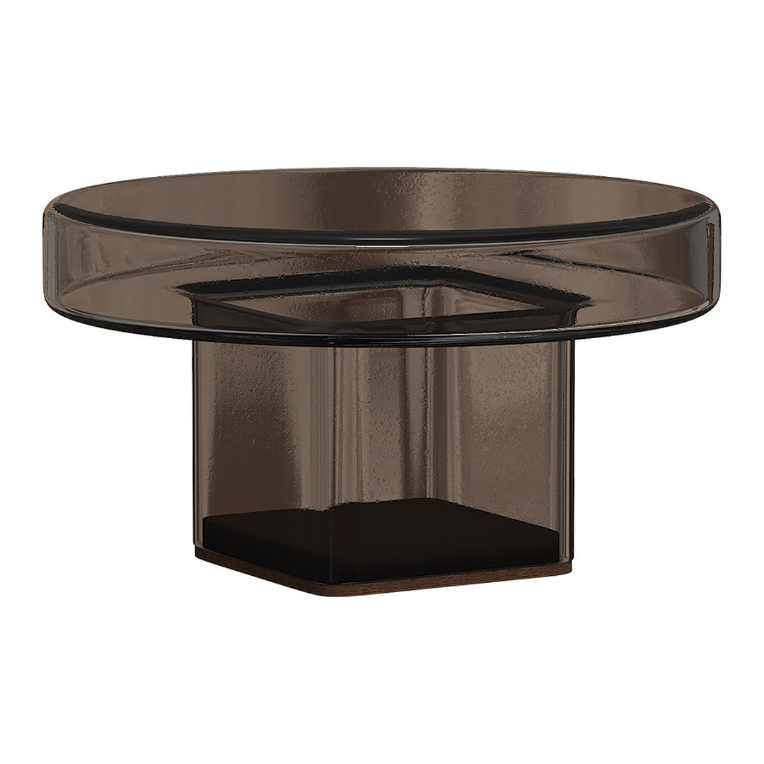 "Round black and smoke glass coffee table with a sleek, modern design and a geometric base."