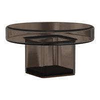 "Round black and smoke glass coffee table with a sleek, modern design and a geometric base."
