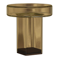 Amber glass side table with a sleek, modern design and a dark wood base. Perfect for contemporary decor.