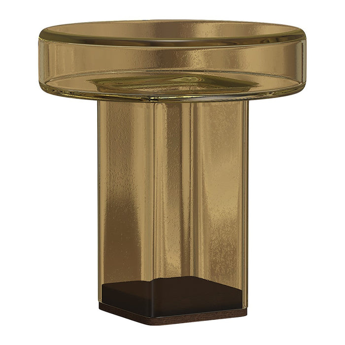 Amber glass side table with a sleek, modern design and a dark wood base. Perfect for contemporary decor.