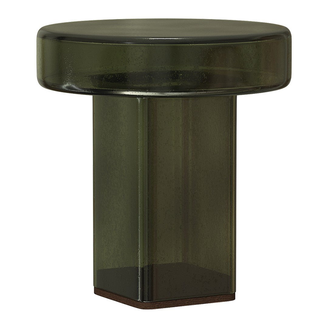 Stylish green glass side table with a smooth finish and modern geometric shape. Perfect for contemporary decor.